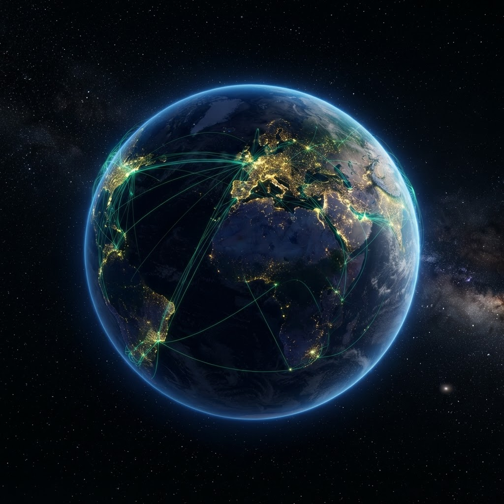 Earth at night with glowing payment connections between continents