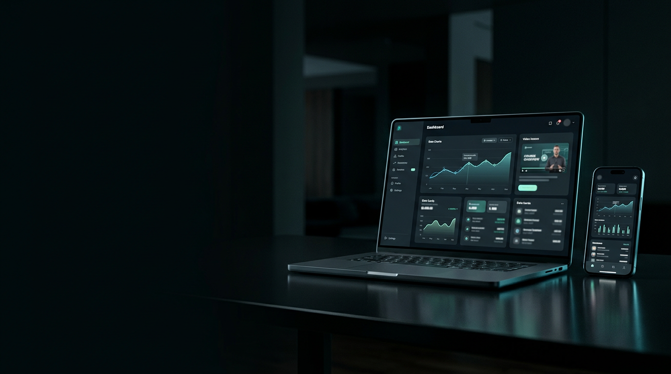 Laptop and smartphone showing the NOVARO dashboard with market charts and academy lessons