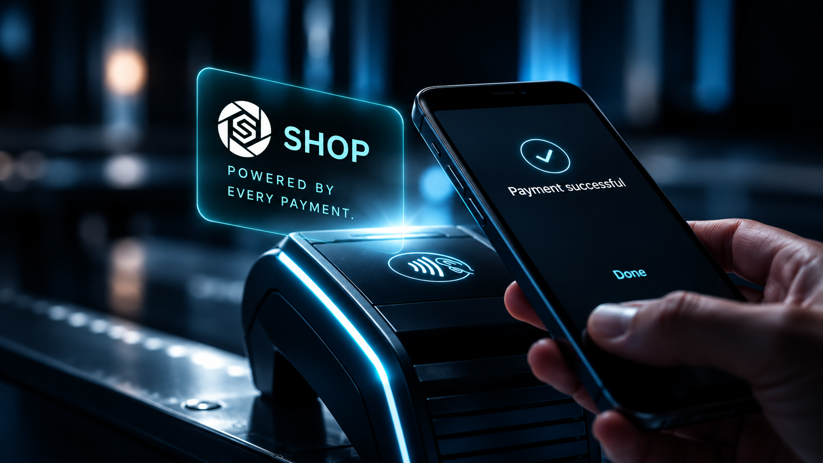 Contactless payment terminal with a smartphone showing a successful payment